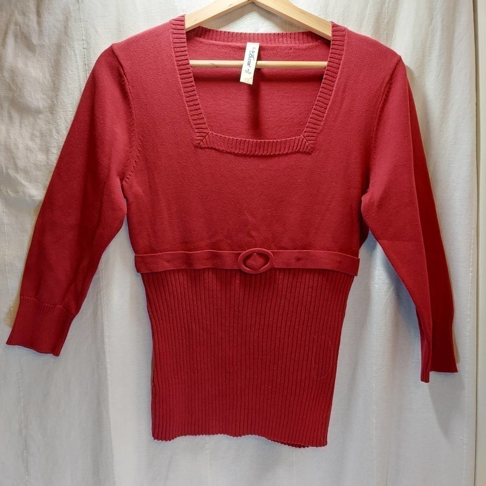 La Blues Red Belted 3/4 Length Sleeve Women's Sweater, Small
